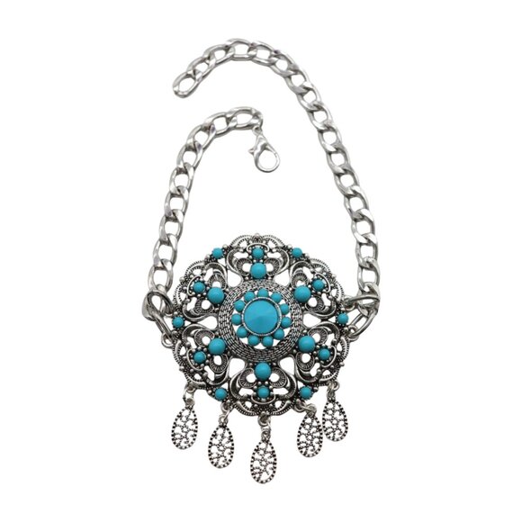 Women 2PCS Silver Metal Boot Chain Bracelet Shoe Anklets Turquoise Flower Ethnic - Picture 5 of 17